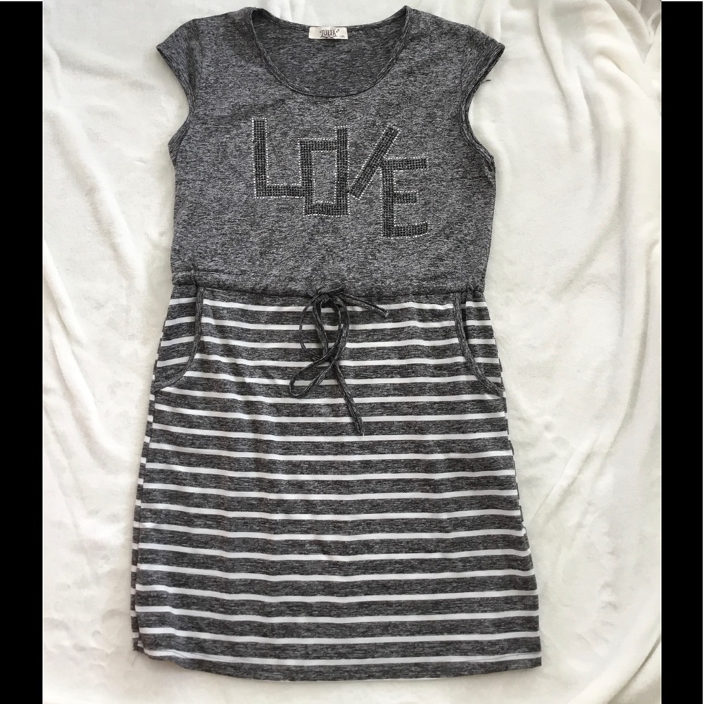 ~JULIA GRAY AND IVORY STRIPPED DRESS WITH RHINESTONE ACCENT~